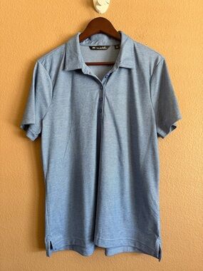 Travis Mathew Men’s Light Blue Polo Shirt with Subaru Logo on Sleeve Size XL